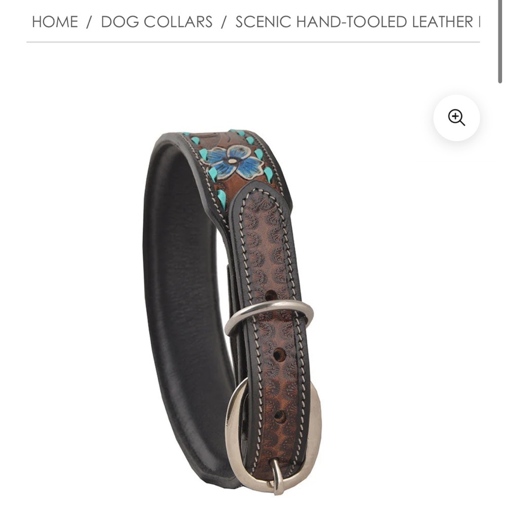 Myra Bag 100% Genuine Leather Hand-Tooled Dog Collar, Size M. Brown/Sunflower. - Picture 3 of 6